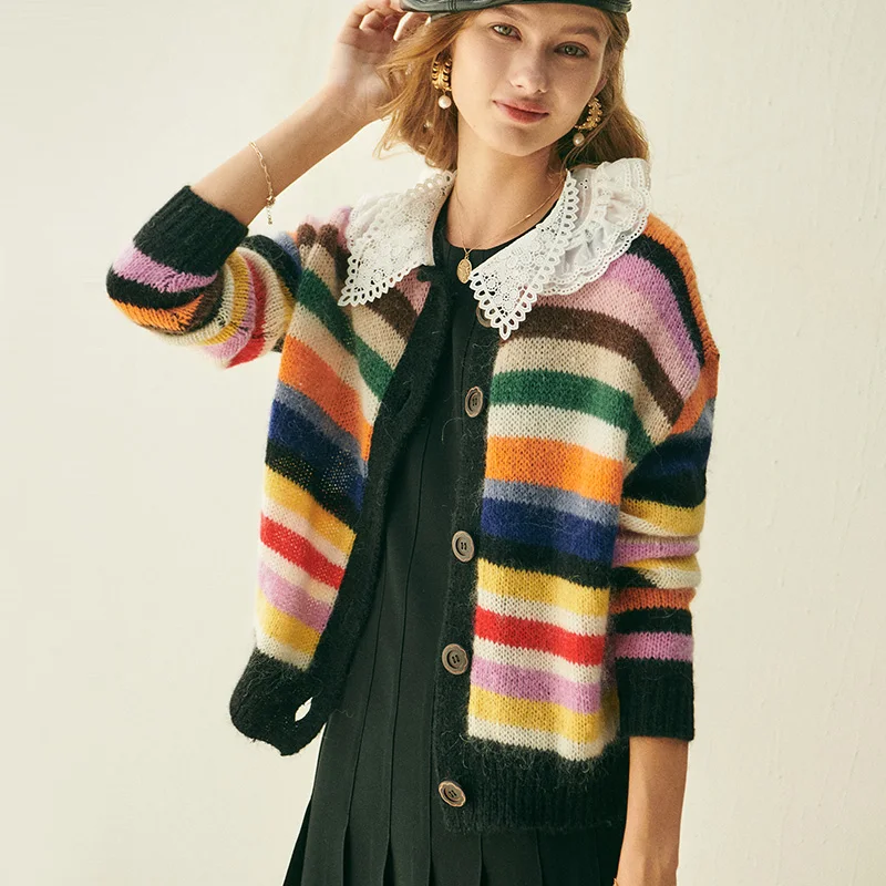 cardigans for women 2020 Autumn Winter Lace Peter Pan Collar Rainbow Striped Oversized Cardigan Mujer Loose Mohair Sweater Coat
cardigans for women 2020 Autumn Winter Lace Peter Pan Collar Rainbow Striped Oversized Cardigan Mujer Loose Mohair Sweater Coat