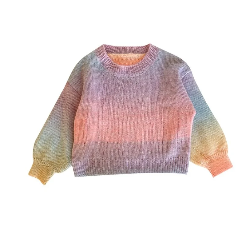 

Радужный шерстяной свитер с круглым вырезом для маленьких девочек, детский зимний, Осенний вязаный кардиган, свитеры для маленьких мальчик...