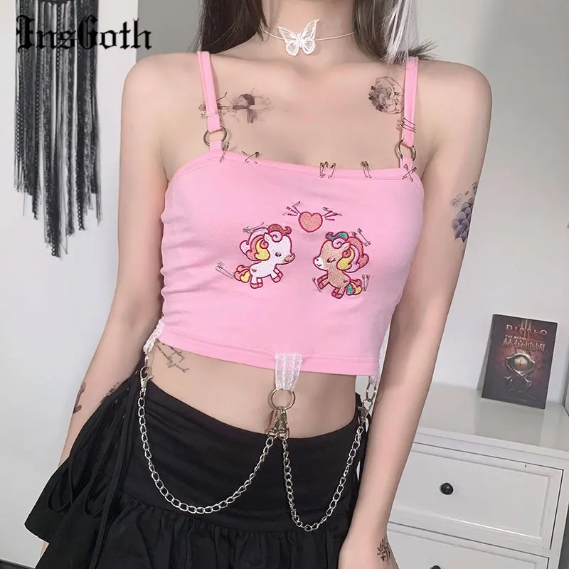 

InsGoth Y2K Punk Chain Pink Camis Mall Goth Sexy Backless Camisole Streetwear Grunge Bodycon Cropped Tops Women Summer Camis