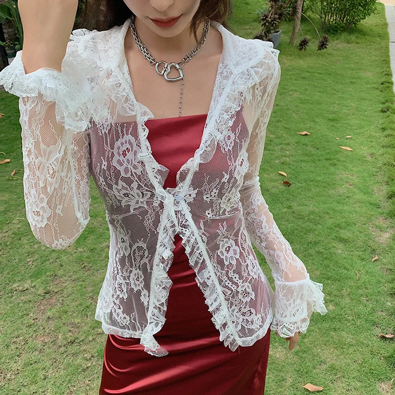 Sexy See Through Fashion Casual Slim Top Women White Lace Long Sleeve V Neck Clothing Lady T Shirt
Sexy See Through Fashion Casual Slim Top Women White Lace Long Sleeve V Neck Clothing Lady T Shirt