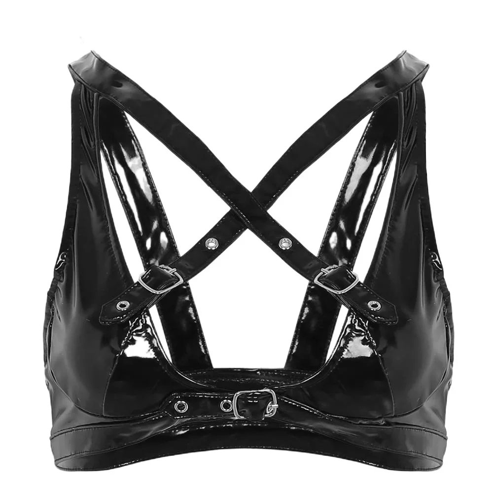 

Sexy Womens Push Up Latex Bustier Front Cross Strappy Bra Top Lingerie Exotic Wet Look Leather Wire-free Unlined Bralette Vest