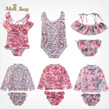 2020 Fashion Summer Swim Suit Vintage Pastoral Floral Child Swimwear Bathing Suit Kid Swimming Clothing Girl Ruffle Hawaii Suit