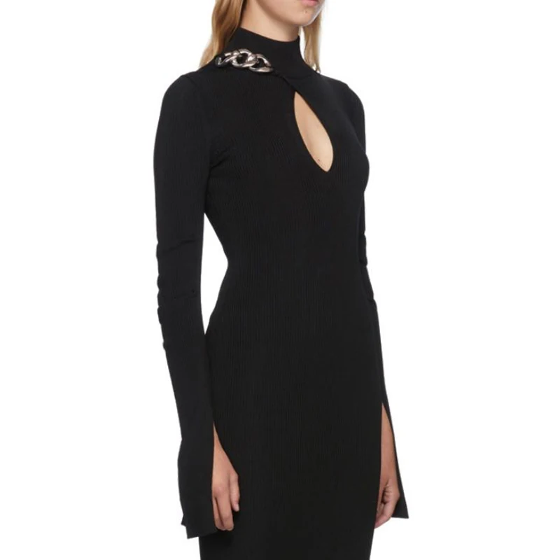 VGH Hollow Out Patchwork Chain Dress For Women Stand Collar Long Sleeve Split Slim Knitted Dresses Female Fashion New Spring
VGH Hollow Out Patchwork Chain Dress For Women Stand Collar Long Sleeve Split Slim Knitted Dresses Female Fashion New Spring