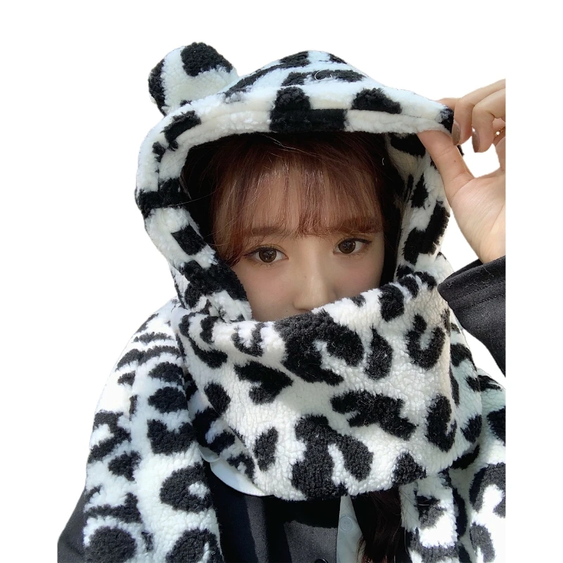 Women Winter Thick Warm Fuzzy Plush Long Scarf Hooded Hat Cute Bear Ears Milk Cow Print Earflap Cap Thermal Neck Warmer
Women Winter Thick Warm Fuzzy Plush Long Scarf Hooded Hat Cute Bear Ears Milk Cow Print Earflap Cap Thermal Neck Warmer