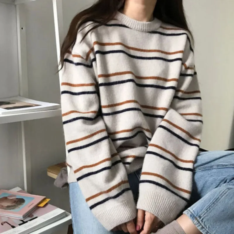 Полосатые пуловеры для женщин мягкие весенне-осенние свитера с круглым вырезом