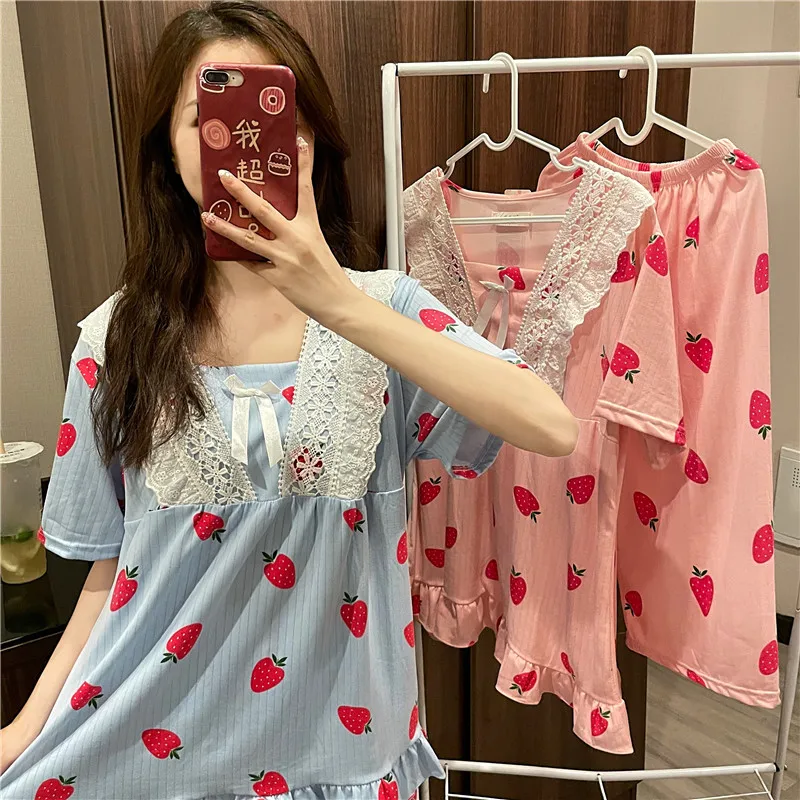Set Summer Cute Strawberry Short Sleepwear Women Comfortable Home Clothes underwear set Youth Pajama Suit 2021 Kawaii Lace
Set Summer Cute Strawberry Short Sleepwear Women Comfortable Home Clothes underwear set Youth Pajama Suit 2021 Kawaii Lace