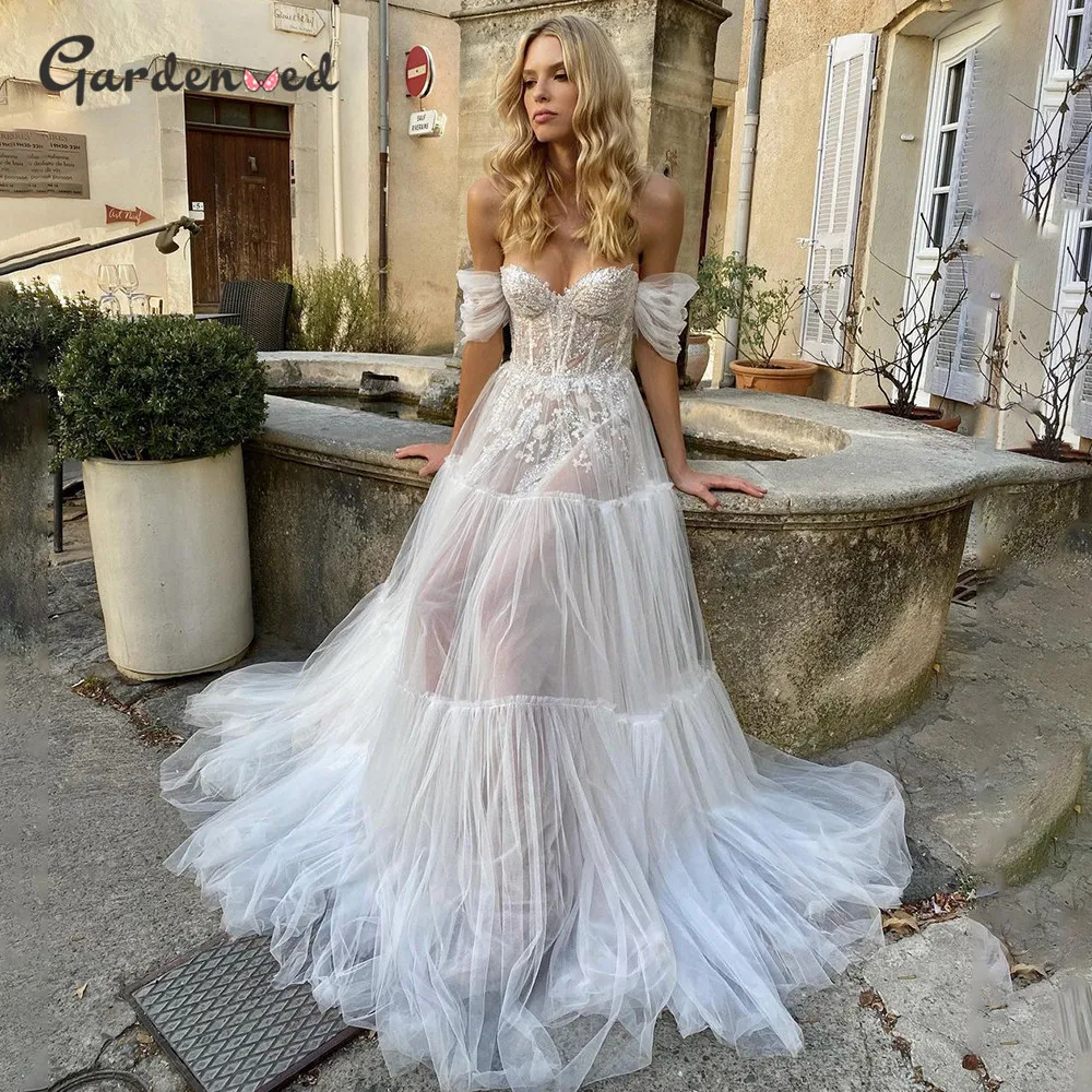 Sexy Off Shoulder Dress Applique Illusion Ball Gown A-line Wedding Dresses 2021 Flowers Draped Bride Elegant Gown Robe de mariée
Sexy Off Shoulder Dress Applique Illusion Ball Gown A-line Wedding Dresses 2021 Flowers Draped Bride Elegant Gown Robe de mariée