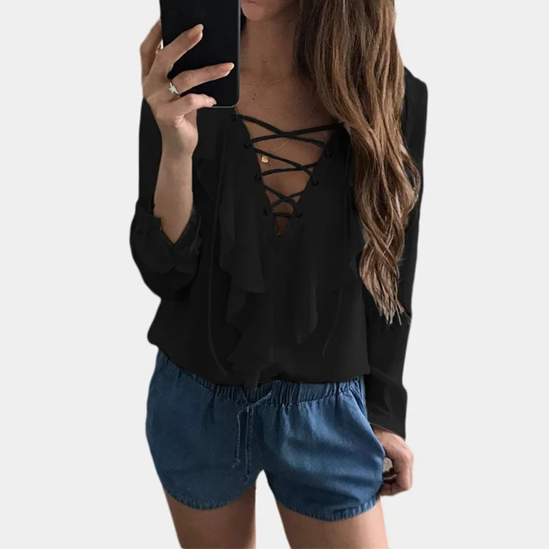 

Black Lace-up Design Pullover Flouncy Details Blouse Women Spring Summer Long Sleeve Loose Criss Cross Tee Tops Streetwewar 2022