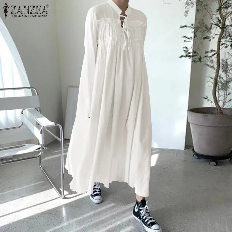 

Women's Fashion Holiday Maxi Dress ZANZEA Solid Oversize Robe Longue 2022 Autumn White V Neck Vestido Lady Ruffle A Line Dresses