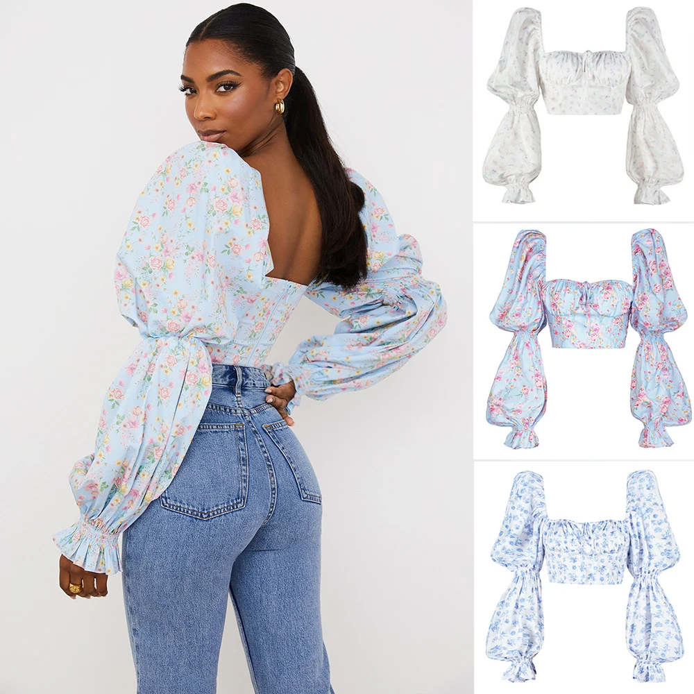 Women's Sexy Printing Puff Sleeve Short Top Square Collar Tie-Up Pleated Wrap Fashion Shirt Casual Elegant Female Clothes
Women's Sexy Printing Puff Sleeve Short Top Square Collar Tie-Up Pleated Wrap Fashion Shirt Casual Elegant Female Clothes