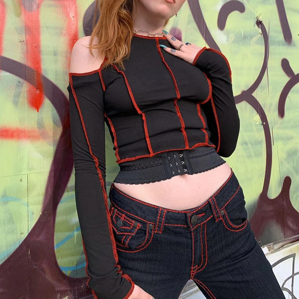 Gothic t shirt Patchwork Open Shoulder Cropped Tops Punk Style O-neck Long-sleeve Streetwear Goth Woman tshirt Skinny Tee Autumn
Gothic t shirt Patchwork Open Shoulder Cropped Tops Punk Style O-neck Long-sleeve Streetwear Goth Woman tshirt Skinny Tee Autumn