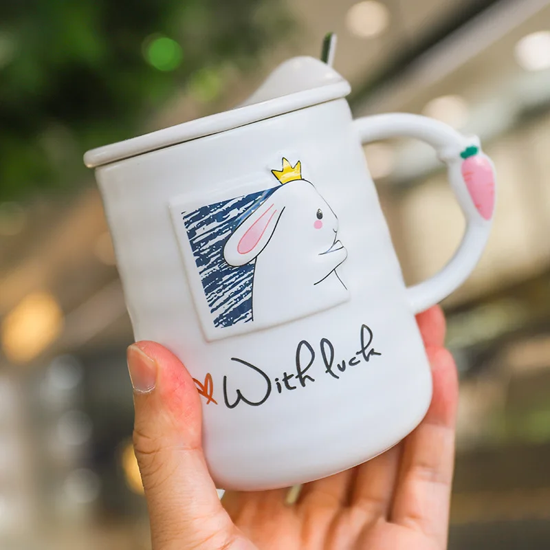 

400ML Cute Rabbit Breakfast Milk Mug Student Milk Tea Cup Ladies Office Coffee Cups Creative Ceramic Mugs Spoon with Lid