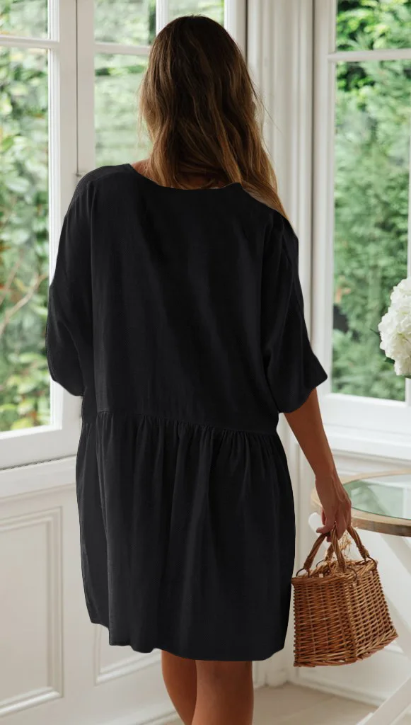 DE0025 Solid Beach Loose Womens Knee-length Dress Elegant Fashion New V-neck Buttons Oversized Beach Dresses With Pockets
DE0025 Solid Beach Loose Womens Knee-length Dress Elegant Fashion New V-neck Buttons Oversized Beach Dresses With Pockets