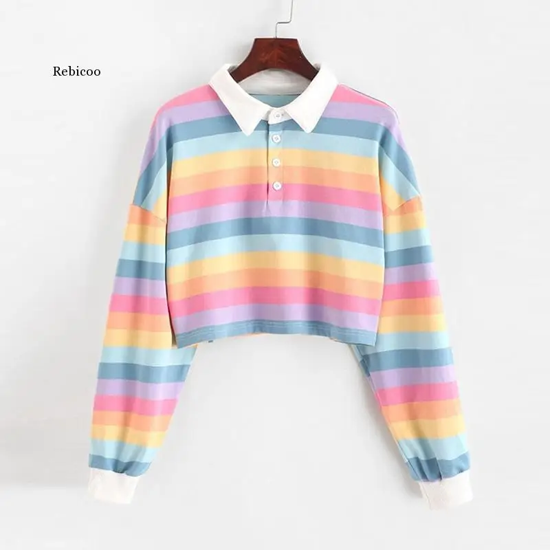 Polo Shirt Women Sweatshirt Long Sleeve Rainbow Color Ladies Hoodies with Button Striped Korean Style Sweatshirt Women
Polo Shirt Women Sweatshirt Long Sleeve Rainbow Color Ladies Hoodies with Button Striped Korean Style Sweatshirt Women