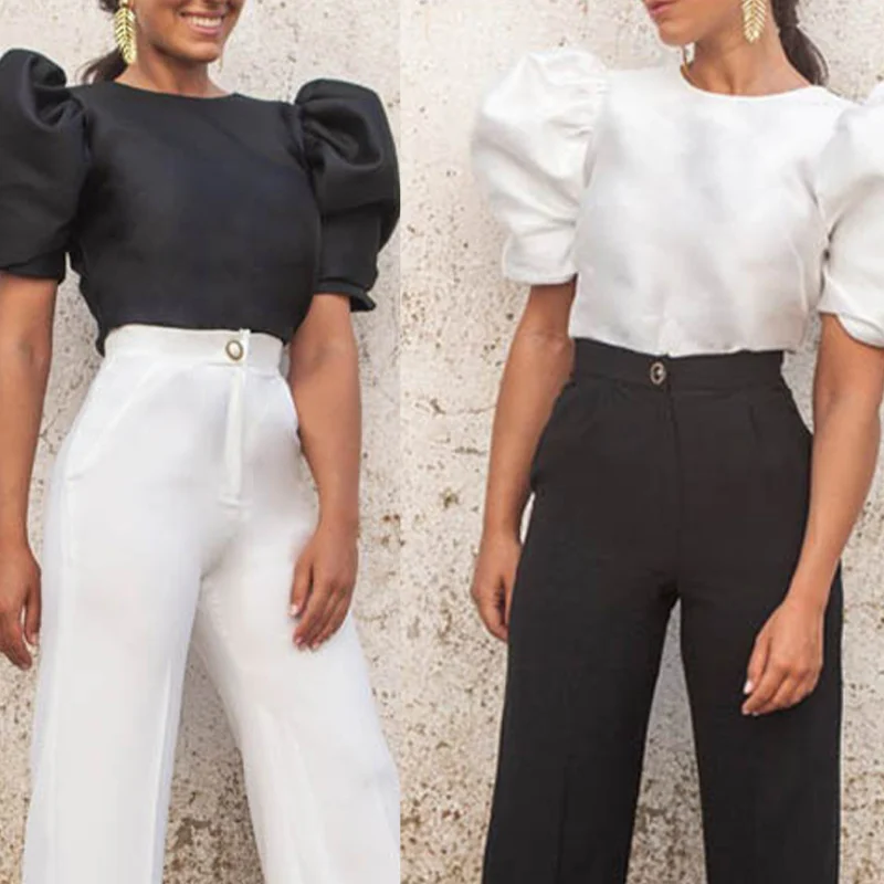 Summer Puff Short Sleeve 2 pieces Women's Set Solid Tops And Straight Pants Female Sets 2021 Elegant Fashion Office Ladies Suits 
Summer Puff Short Sleeve 2 pieces Women's Set Solid Tops And Straight Pants Female Sets 2021 Elegant Fashion Office Ladies Suits