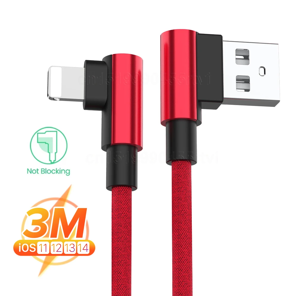 

USB-кабель для быстрой зарядки с углом 90 градусов для iPhone 13 12 11 Pro Max 6s 7 8 Plus X XR Xs SE iPad, оригинальный шнур для передачи данных, длинный провод 3 м