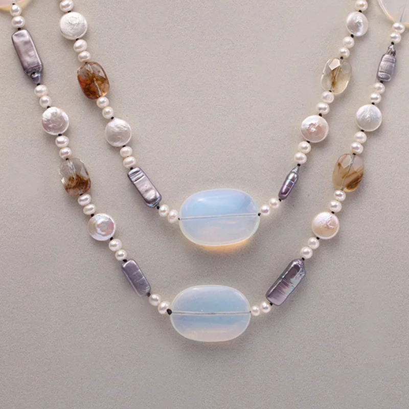 JYX 12x15mm white round freshwater pearl and grey irregular pearl and moonstone necklace Jewelry Gift for Women 
JYX 12x15mm white round freshwater pearl and grey irregular pearl and moonstone necklace Jewelry Gift for Women