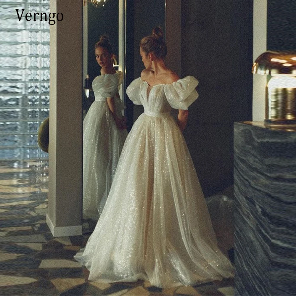 Verngo Glitter A Line Wedding Dresses With Detachable Train Off Shoulder Short Sleeves Bride Party Gowns Princess Formal Dress 
Verngo Glitter A Line Wedding Dresses With Detachable Train Off Shoulder Short Sleeves Bride Party Gowns Princess Formal Dress