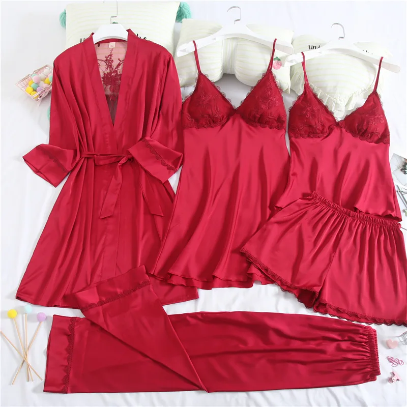 Spring Summer Sleepwear 5 Pieces Spaghetti Strap Pyjamas Women Satin Lace Pajamas Sets with Chest Pads Pijama домашняя одежда
Spring Summer Sleepwear 5 Pieces Spaghetti Strap Pyjamas Women Satin Lace Pajamas Sets with Chest Pads Pijama домашняя одежда