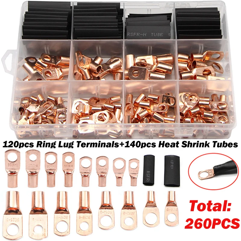 

260PCS SC Bare Copper Ring Lug Splice Crimp Terminals Battery Welding Terminal Electrical Wire Connector Heat Shrink Tube Kit