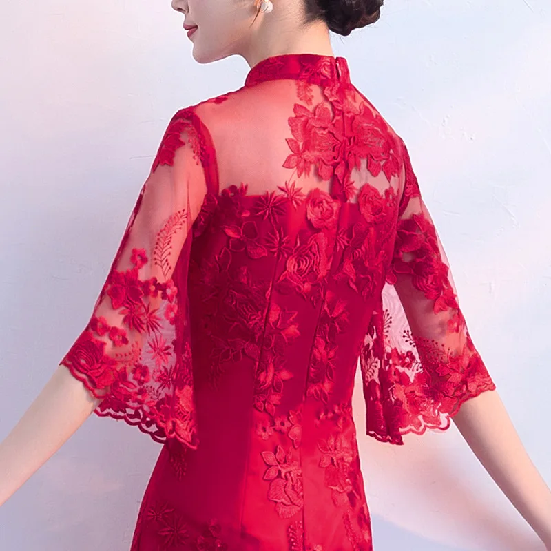 Plus Size 3XL Burgundy Lace Floral Lady Straight Dresses Perspective Half Sleeve Chinese Dress Slim Bride Wedding Prom Cheongsam
Plus Size 3XL Burgundy Lace Floral Lady Straight Dresses Perspective Half Sleeve Chinese Dress Slim Bride Wedding Prom Cheongsam