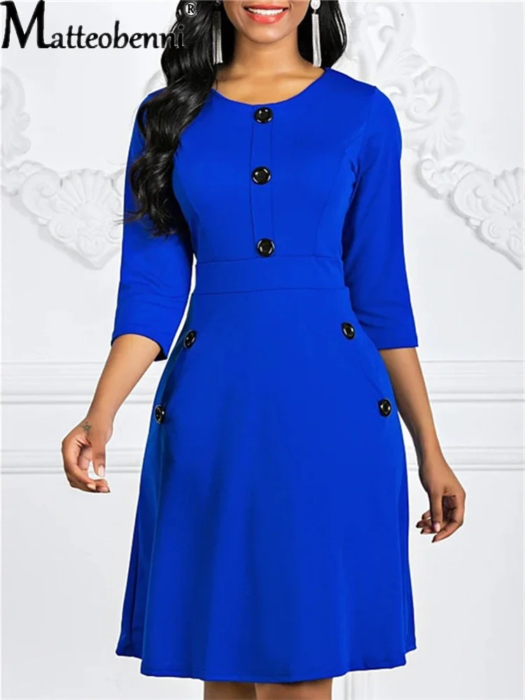 Women Autumn O-Neck Solid Color Elegant Casual Dress Ladies Vintage Slim Robe Button A Line Office Dress With Pocket Vestidos
Women Autumn O-Neck Solid Color Elegant Casual Dress Ladies Vintage Slim Robe Button A Line Office Dress With Pocket Vestidos