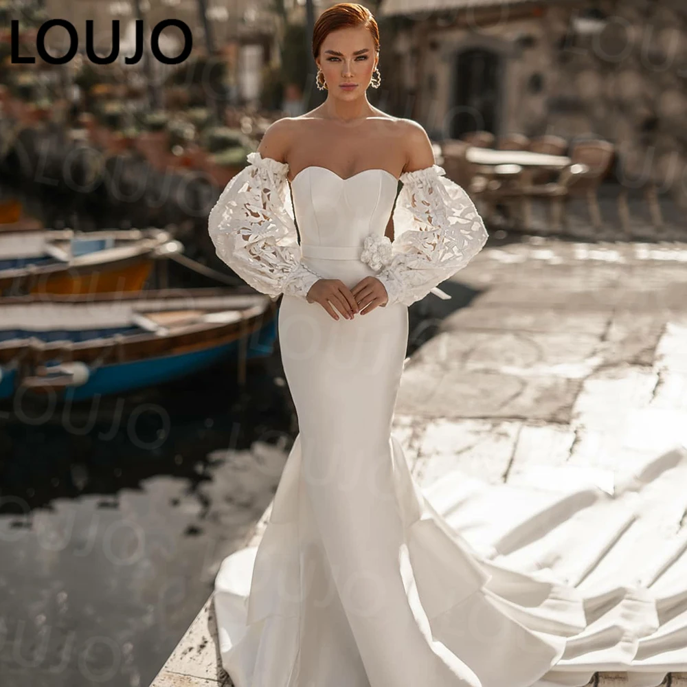 

LUOJO Ivory Mermaid Satin Modern Wedding Dresses Sweetheart Lace Puffy Sleeves Tiered Bride Gowns Plus Size Wedding Gown