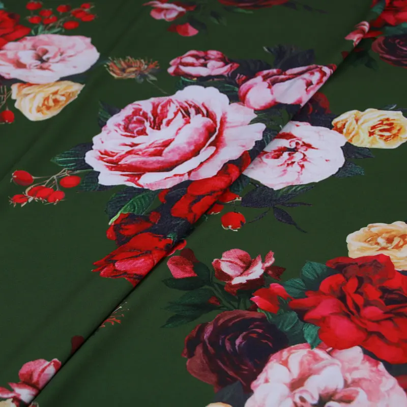 Фото Темно зеленый цвет цветы кади стрейч ткань Роза печатных - купить