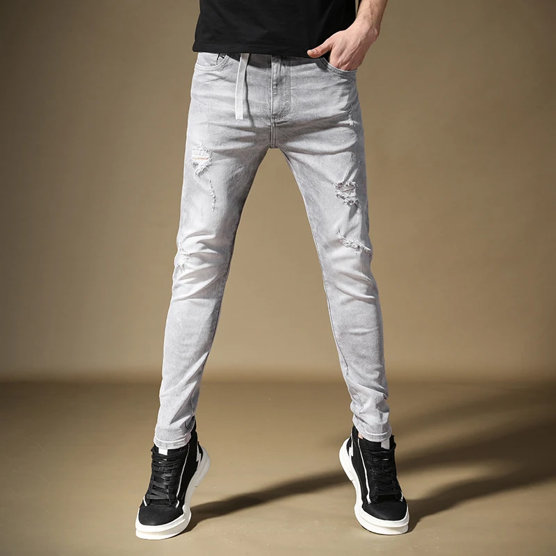 

Модные летние мужские джинсы, рваные прямые облегающие брюки, уличная одежда, серые эластичные джинсовые брюки