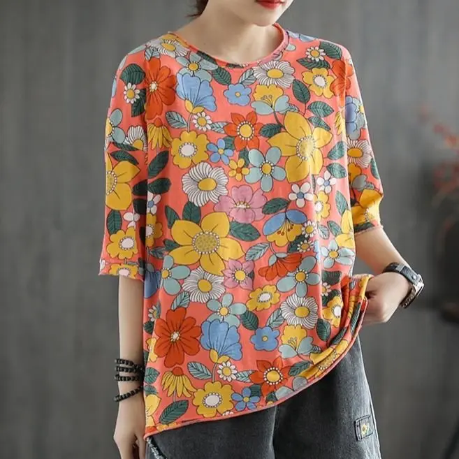Cotton Summer New Style Casual Plus Size T-shirt Literary Retro Printing Round Neck Half Short-sleeved Women's Blouse Top
Cotton Summer New Style Casual Plus Size T-shirt Literary Retro Printing Round Neck Half Short-sleeved Women's Blouse Top