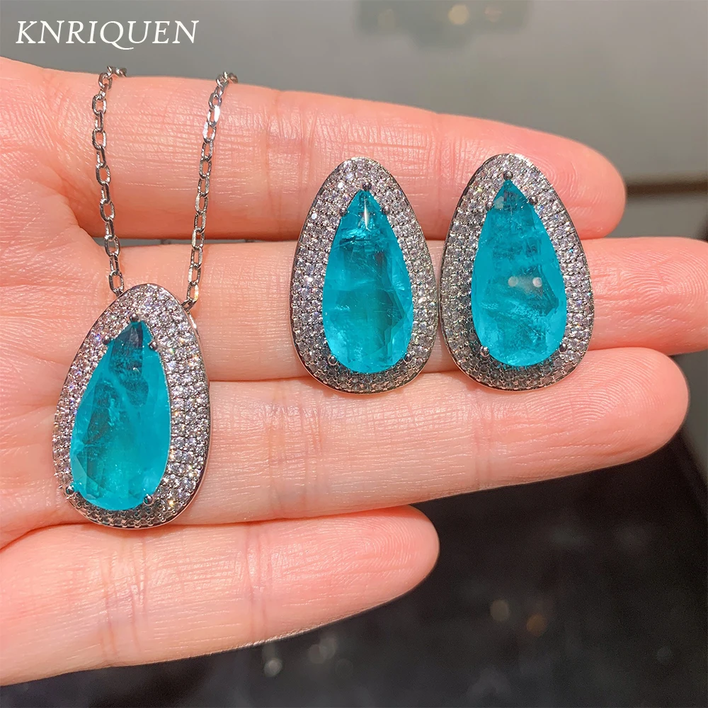 Charms 925 Sterling SIlver 10*20mm Paraiba Tourmaline Gemstone Earring Necklace Set for Women Wedding Cocktail Fine Jewelry Gift
Charms 925 Sterling SIlver 10*20mm Paraiba Tourmaline Gemstone Earring Necklace Set for Women Wedding Cocktail Fine Jewelry Gift