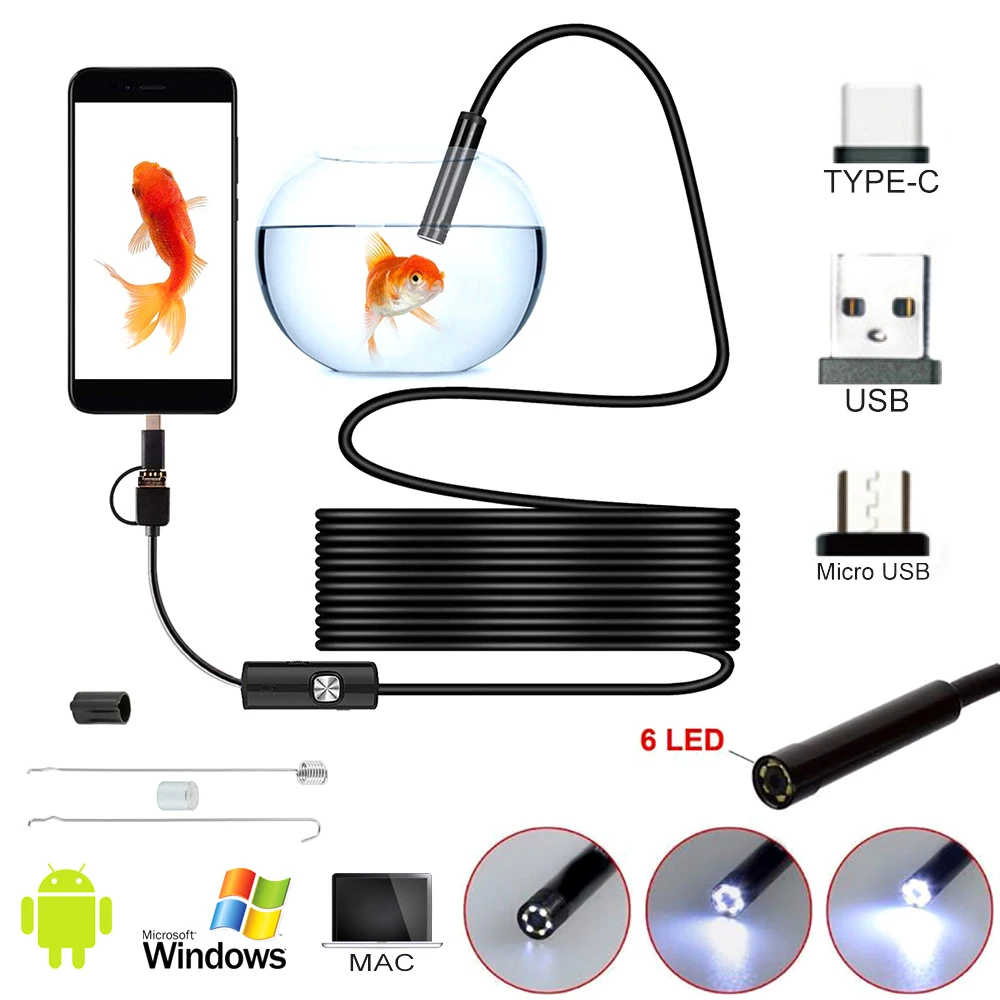 

10M 5.5 mm lens Camera Endoscope HD IP67 1M 2M 5M Hard Tube Mirco USB Type-C Borescope Video Inspection for Android Endoscope