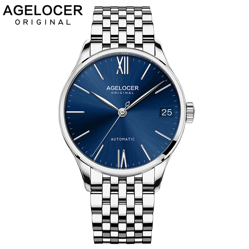 

New Agelocer Classic Blue Dial Luxury Men Self-winding Automatic Watches Stainless Steel Day Date Watch 7074A9