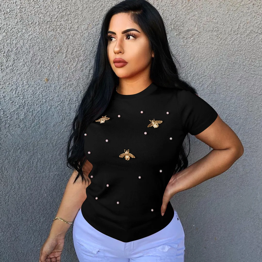 European and American women's 2021 summer new beaded butterfly round neck plus size T-shirt solid color fashion short sleeves
European and American women's 2021 summer new beaded butterfly round neck plus size T-shirt solid color fashion short sleeves