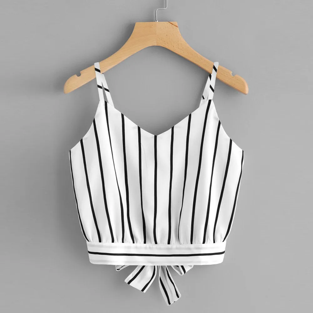 Sexy Women Crop Tops Striped Tie Back Cami Casual Spaghetti Strap Bow-Knot Vests Cropped Tank Vest feminino 17 Color | Женская одежда