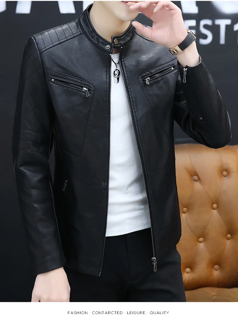 Men's leather jacket plus fat casual baseball collar PU Leather Men's coat 
Men's leather jacket plus fat casual baseball collar PU Leather Men's coat