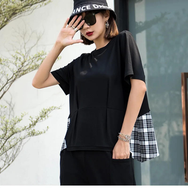 IEQJ Women Black Check Stitching Cotton Loose Casual Comfortable Thin O-neck Pullover T-shirt New Fashion Summer 2021 3F1021
IEQJ Women Black Check Stitching Cotton Loose Casual Comfortable Thin O-neck Pullover T-shirt New Fashion Summer 2021 3F1021