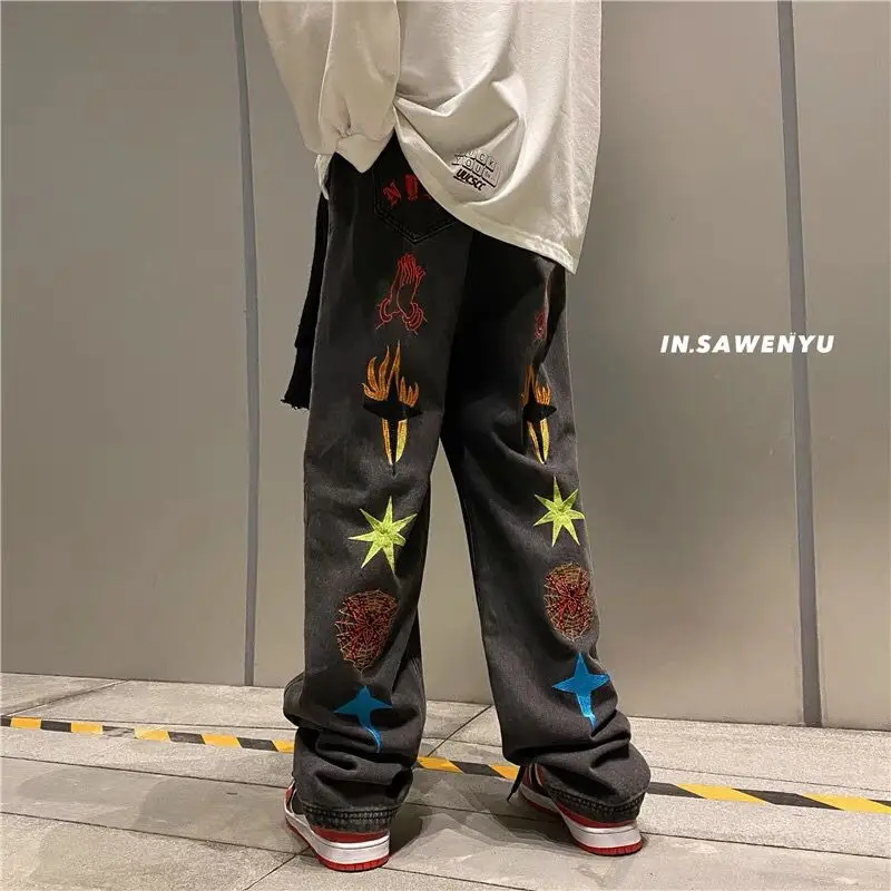 Y2K printed jeans men straight trousers 2022spring new American vintage high street hip-hop style casual loose wide-leg trousers 
Y2K printed jeans men straight trousers 2022spring new American vintage high street hip-hop style casual loose wide-leg trousers