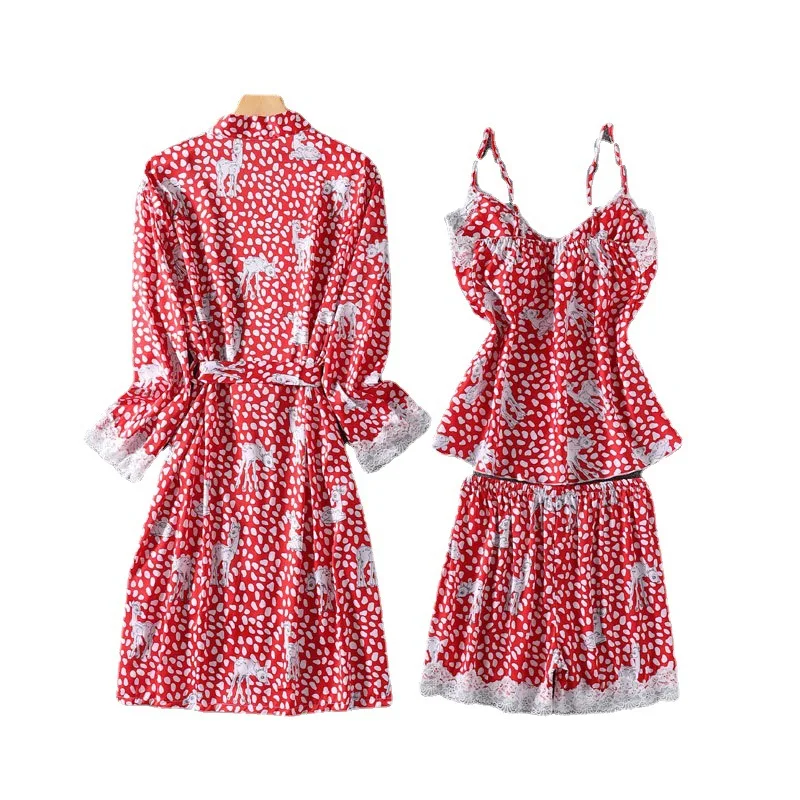 V-Neck Print Pajamas Sets Spring Womens 3PCS Satin Lace Sleepwear Sleep Suit Casual Home Wear Pijamas Robe Bathrobe Nightwear
V-Neck Print Pajamas Sets Spring Womens 3PCS Satin Lace Sleepwear Sleep Suit Casual Home Wear Pijamas Robe Bathrobe Nightwear