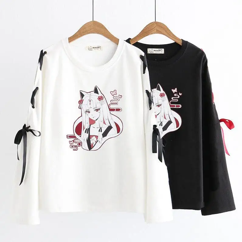 

Japanese Kawaii Girl Spring Autumn T-shirt New Japanese Soft Sister Loose Black Pullover Long Sleeve T-shirt Bow Bottoming Top