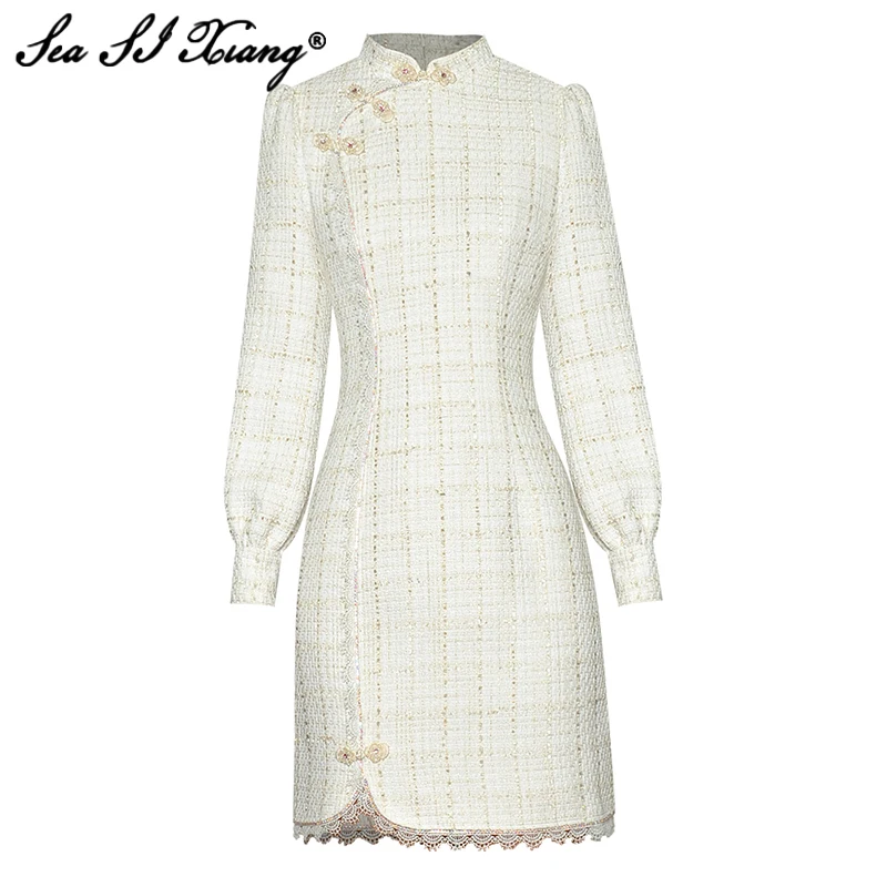 Seasixiang Fashion Designer Autumn Dress Women Stand Collar Long Sleeve Beading Plaid Tweed Chinese Style Dresses
Seasixiang Fashion Designer Autumn Dress Women Stand Collar Long Sleeve Beading Plaid Tweed Chinese Style Dresses