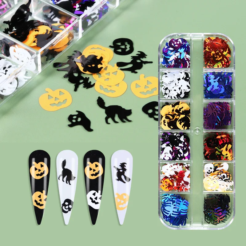 

New Halloween Nail Art Glitter Sequins 3D Holographic Skull Spider Pumpkin Bat Ghost Witch Shape Nail Festival Cosmetic Glitter