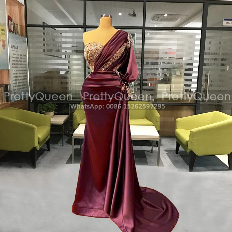 Stylish Mermaid Prom Dresses With One Full Sleeves Gold Appliques Beads Streamer Long Burgundy Satin Formal Evening Dress Party
Stylish Mermaid Prom Dresses With One Full Sleeves Gold Appliques Beads Streamer Long Burgundy Satin Formal Evening Dress Party