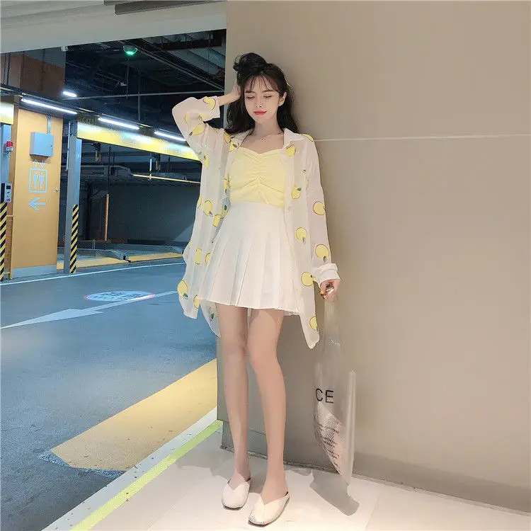 Women Casual 3 Pieces Set Women Chiffon Print Sun-proof Blouse + Vest + Short Pleated Skirt Sets Women Fashion Office Sets Q427
Women Casual 3 Pieces Set Women Chiffon Print Sun-proof Blouse + Vest + Short Pleated Skirt Sets Women Fashion Office Sets Q427