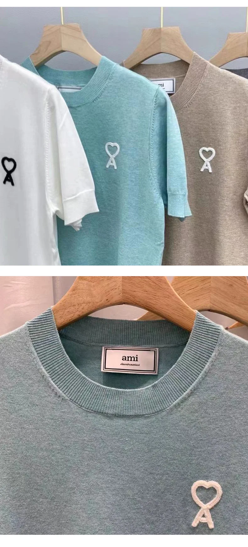 Ami knitting embroidery small modal cotton round collar men and women love letter sweater with short sleeve T Shirts
Ami knitting embroidery small modal cotton round collar men and women love letter sweater with short sleeve T Shirts