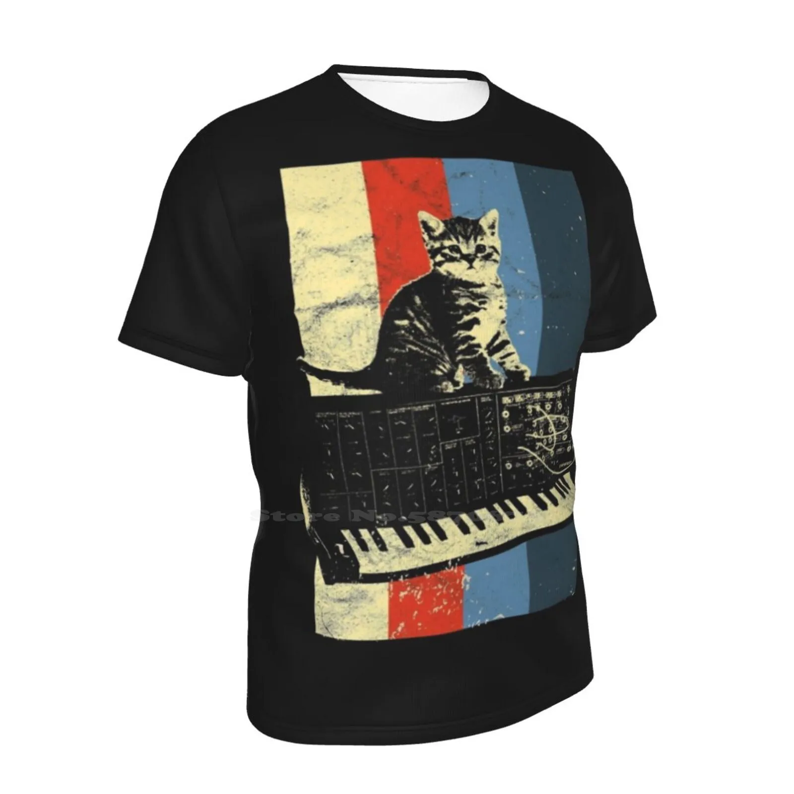 Синтезатор и кошка Винтажная футболка унисекс в стиле хип-хоп с аналоговым