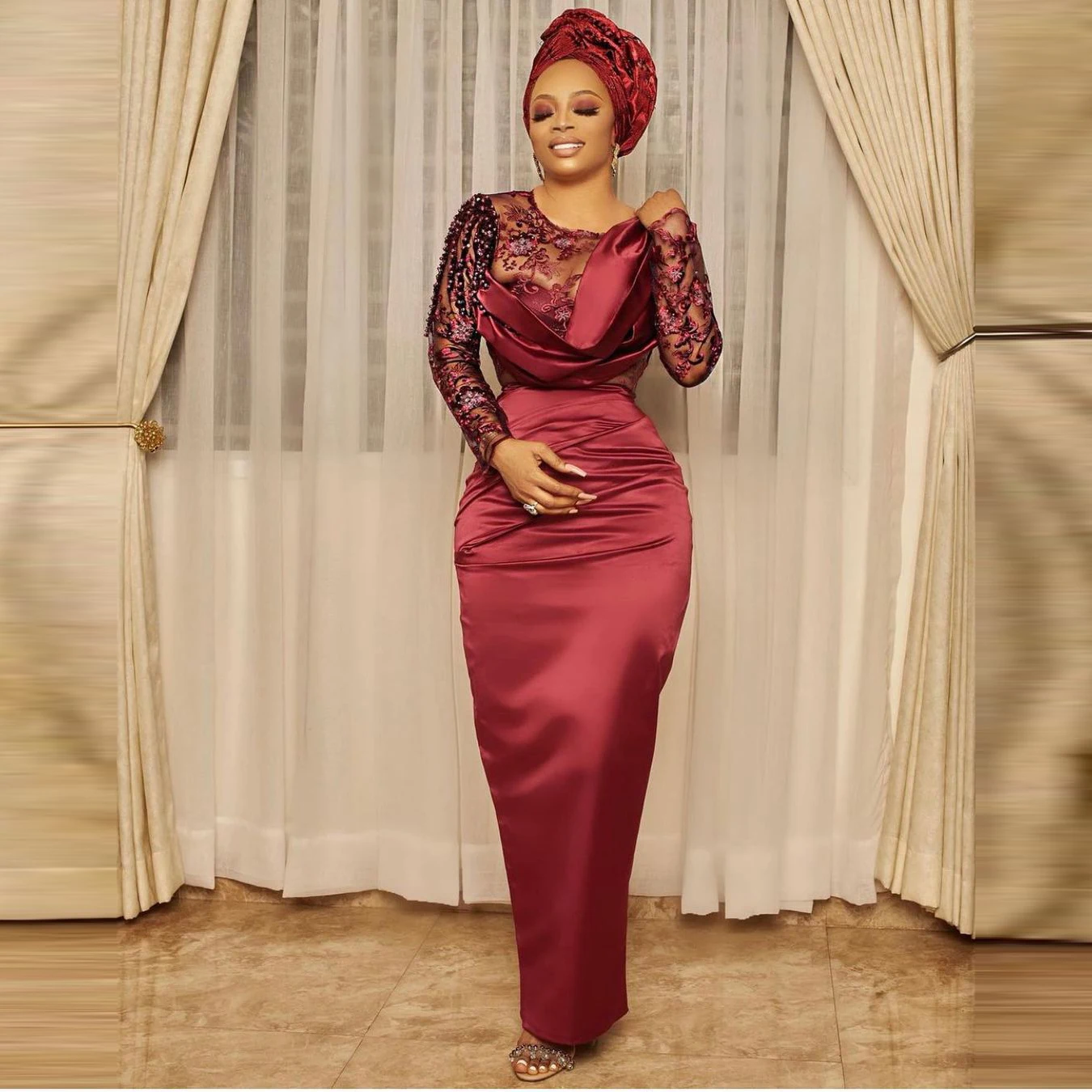 Elegant Long Evening Dresses Satin Long Sleeves See Thru Appliques Beaded Mermaid Aso Ebi Style Prom Party Gowns
Elegant Long Evening Dresses Satin Long Sleeves See Thru Appliques Beaded Mermaid Aso Ebi Style Prom Party Gowns