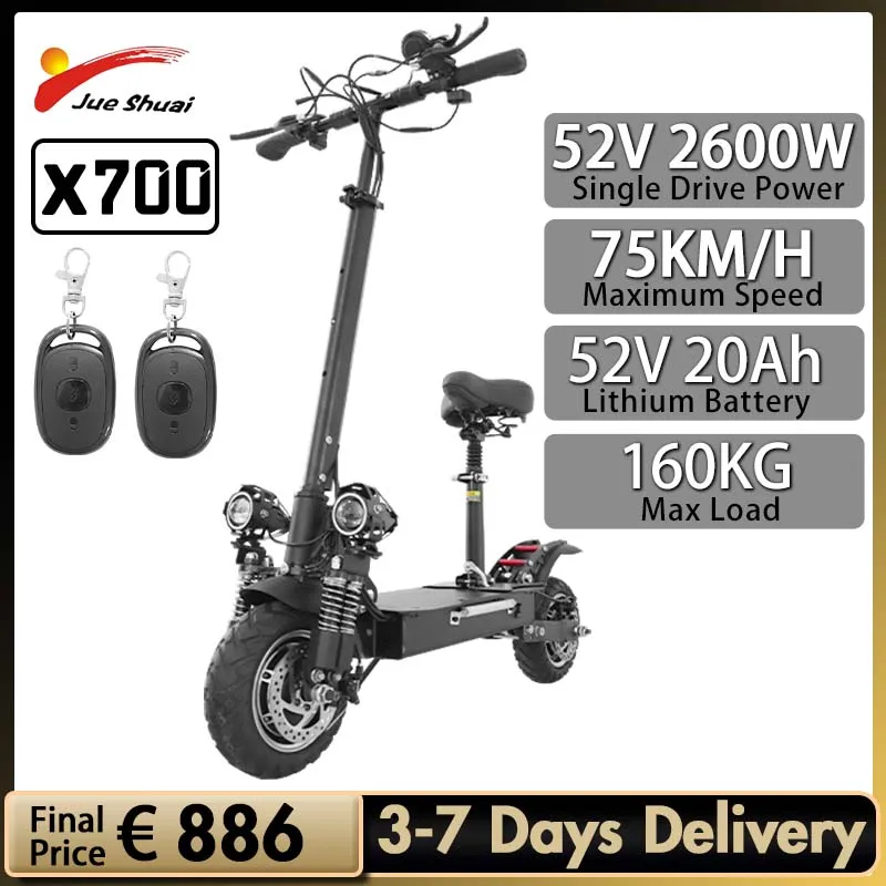 Jueshuai X700 52V 2600W Dual Motor Electric Scooter 75KM/H Max Speed Patinete Élétrico 52V 20A Battery E Scooter for Adults
Jueshuai X700 52V 2600W Dual Motor Electric Scooter 75KM/H Max Speed Patinete Élétrico 52V 20A Battery E Scooter for Adults