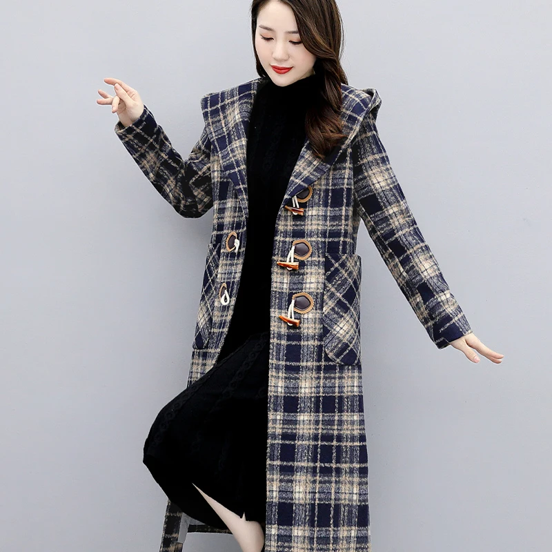 New Plaid Woolen Coats Women Mid-Length Horn Button Big Pocket Hooded Simple Fashion Elegant Women Jackets Spring Autumn 2020
New Plaid Woolen Coats Women Mid-Length Horn Button Big Pocket Hooded Simple Fashion Elegant Women Jackets Spring Autumn 2020