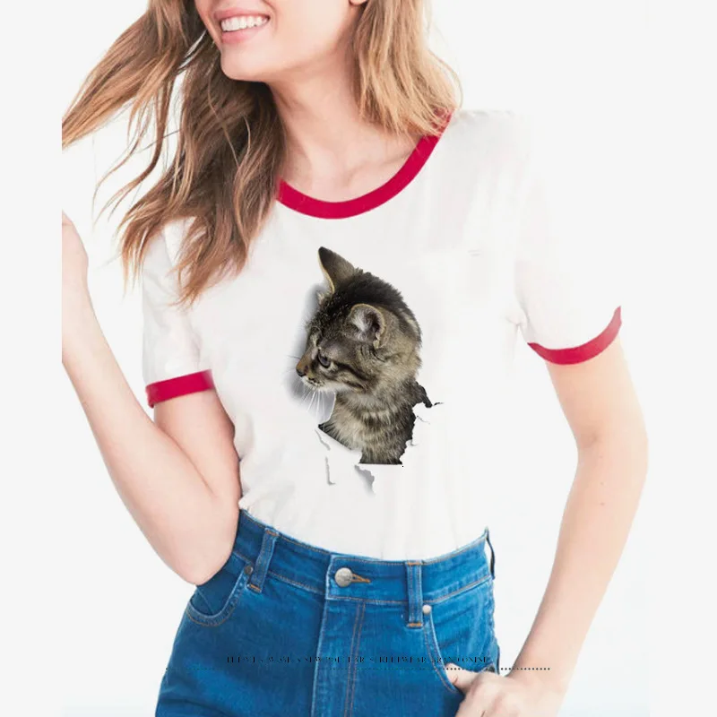 Женская футболка с коротким рукавом и 3D-принтом кошки круглым вырезом | одежда
